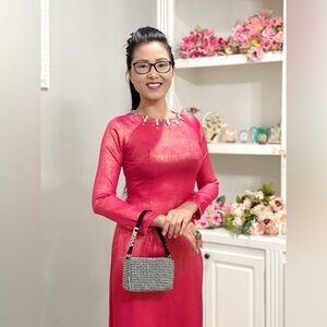 Ao dai nhu kim sa han quoc Vietnamese traditional long dress set pink m l 2 4 🎁